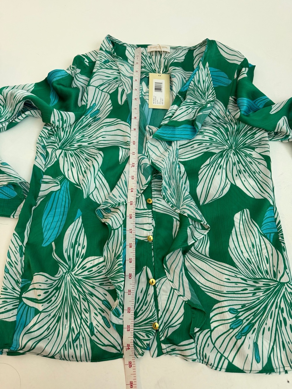 NWT Ramy Brook Savanna Lily Print Ruffle Button Front Blouse L Coastal $365 - Picture 3 of 5